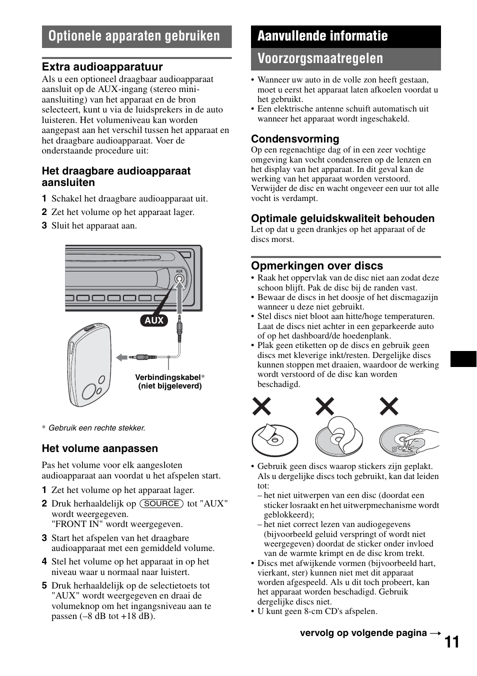 Optionele apparaten gebruiken, Extra audioapparatuur, Aanvullende informatie | Voorzorgsmaatregelen, Opmerkingen over discs, Ng 11, Aanvullende informatie voorzorgsmaatregelen | Sony CDX-GT111 User Manual | Page 71 / 76