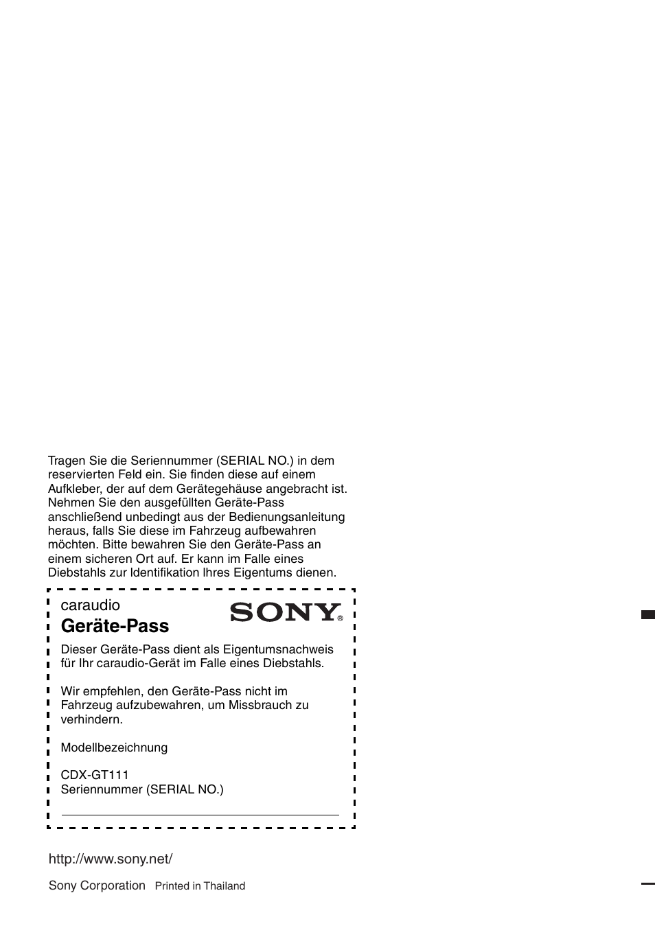 Geräte-pass | Sony CDX-GT111 User Manual | Page 76 / 76