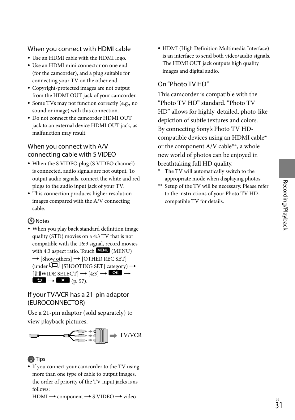 When you connect with hdmi cable, On “photo tv hd | Sony XR150E User Manual | Page 31 / 76