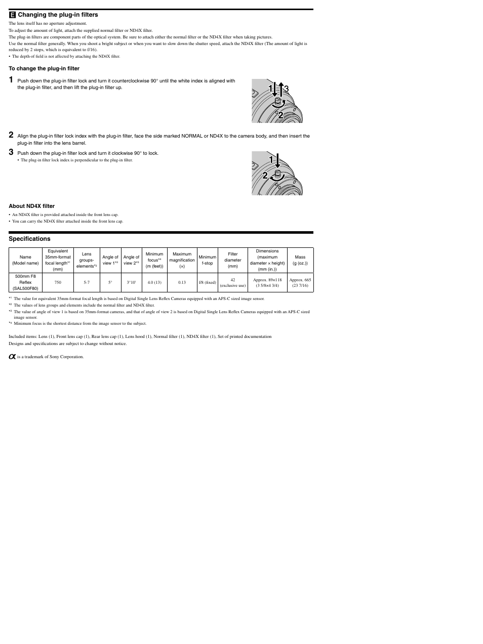Rear side, Changing the plug-in ﬁlters, Speciﬁcations | Sony 500MM F8 REFLEX SAL500F80 User Manual | Page 2 / 2
