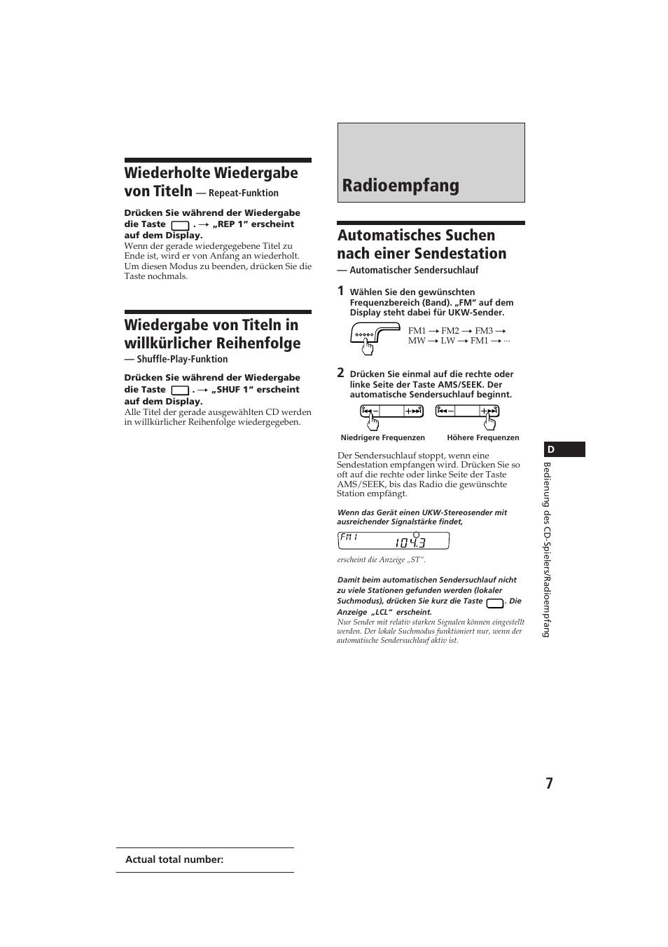 Radioempfang, Wiederholte wiedergabe von titeln, Wiedergabe von titeln in willkürlicher reihenfolge | Automatisches suchen nach einer sendestation | Sony CDX-4100RDS User Manual | Page 43 / 74