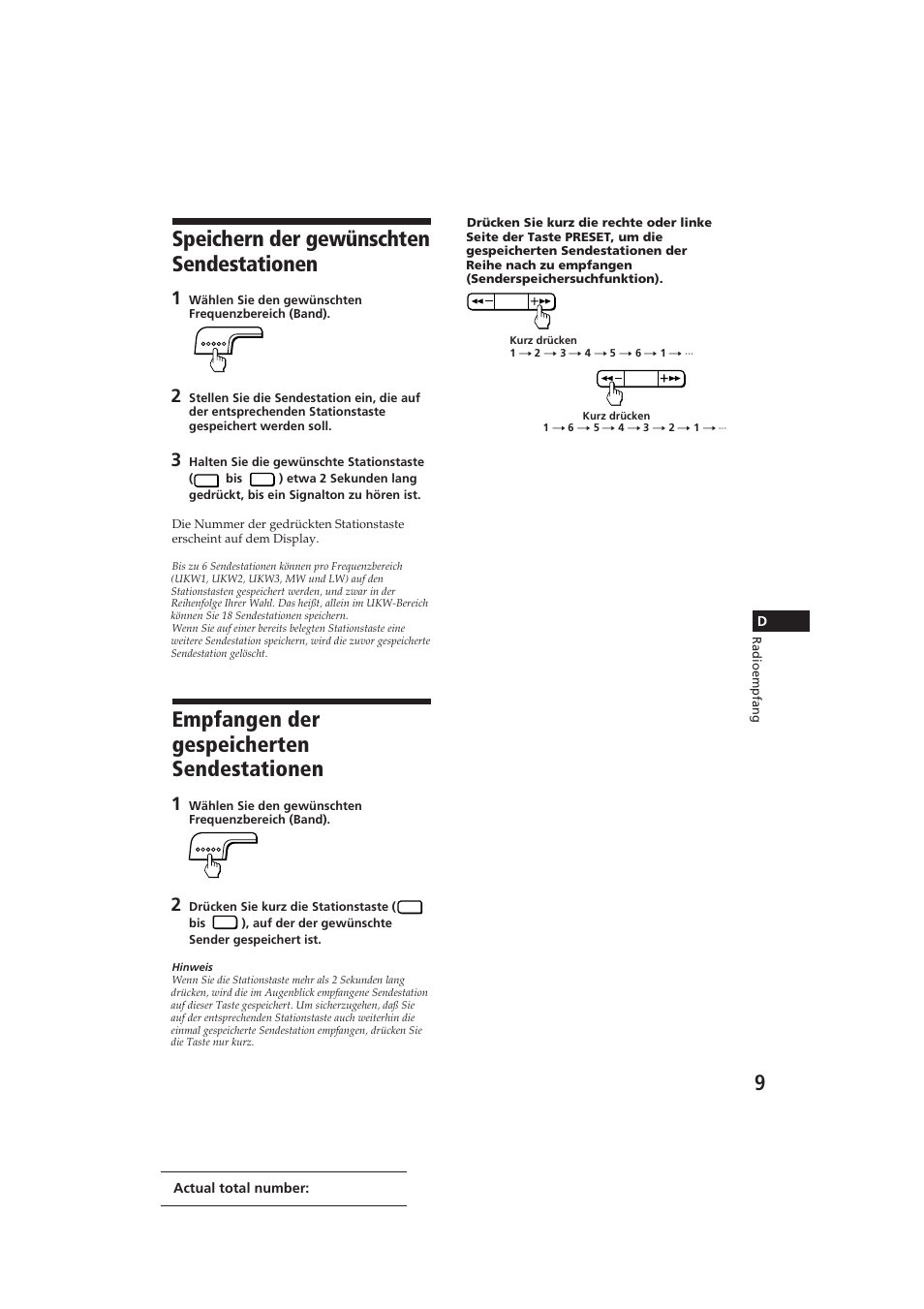 Speichern der gewünschten sendestationen, Empfangen der gespeicherten sendestationen | Sony CDX-4100RDS User Manual | Page 45 / 74