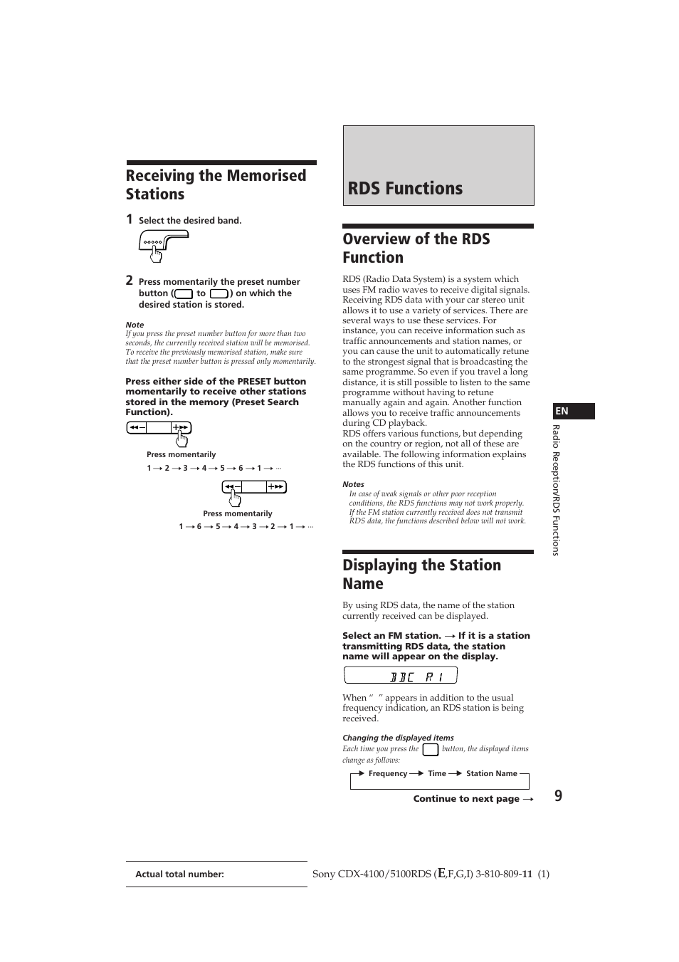 Rds functions, Overview of the rds function, Displaying the station name | Sony CDX-4100RDS User Manual | Page 9 / 74