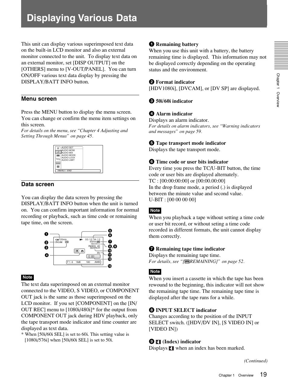 Displaying various data, Menu screen, Data screen | Sony 1080i User Manual | Page 19 / 76