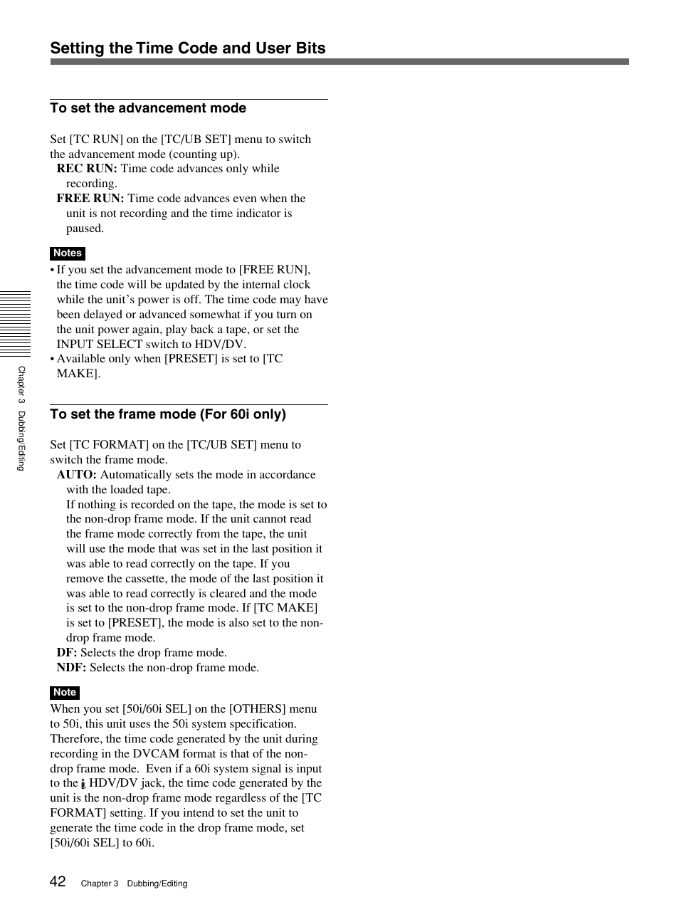 Setting the time code and user bits | Sony 1080i User Manual | Page 42 / 76