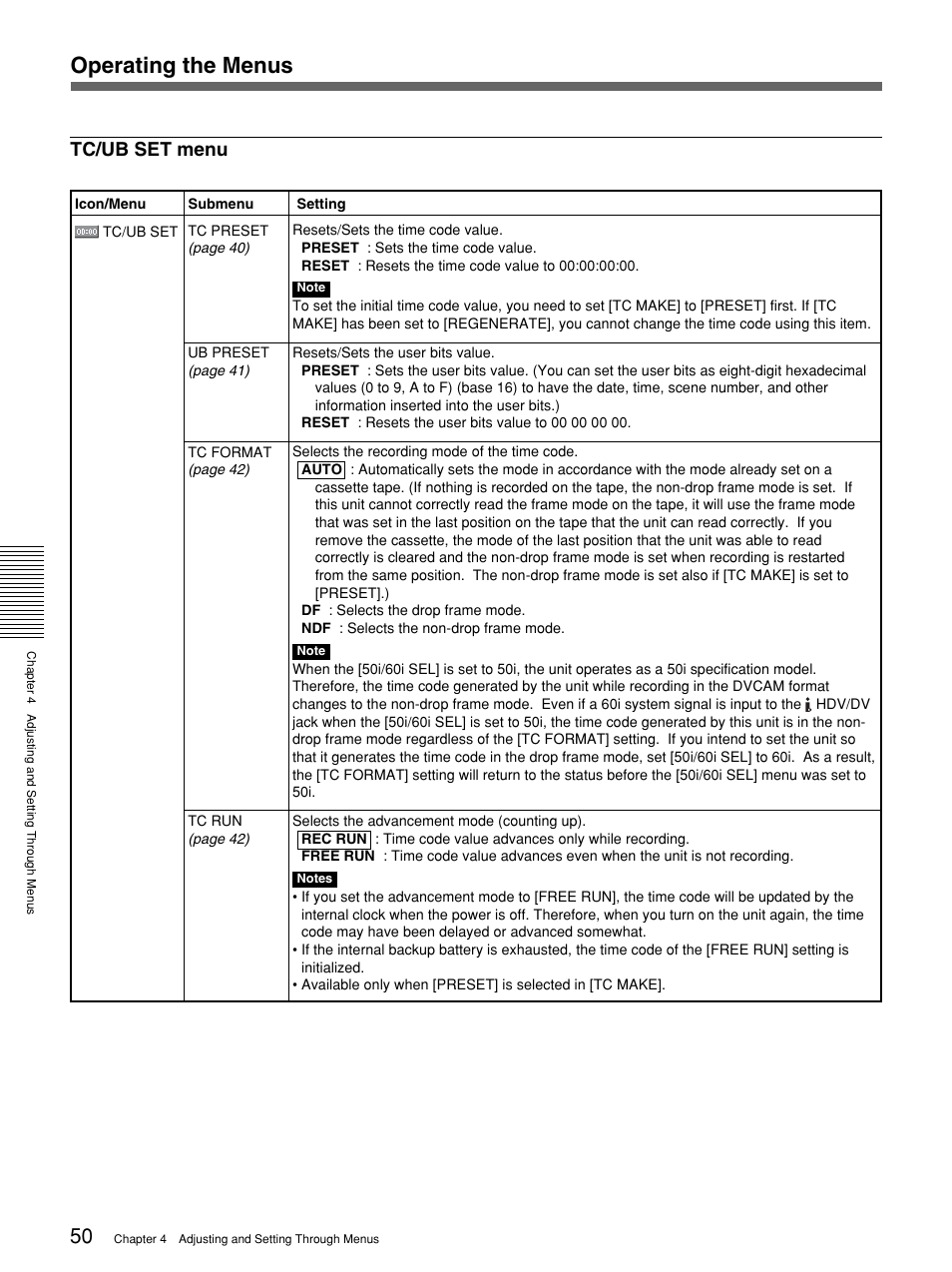 Operating the menus, Tc/ub set menu | Sony 1080i User Manual | Page 50 / 76