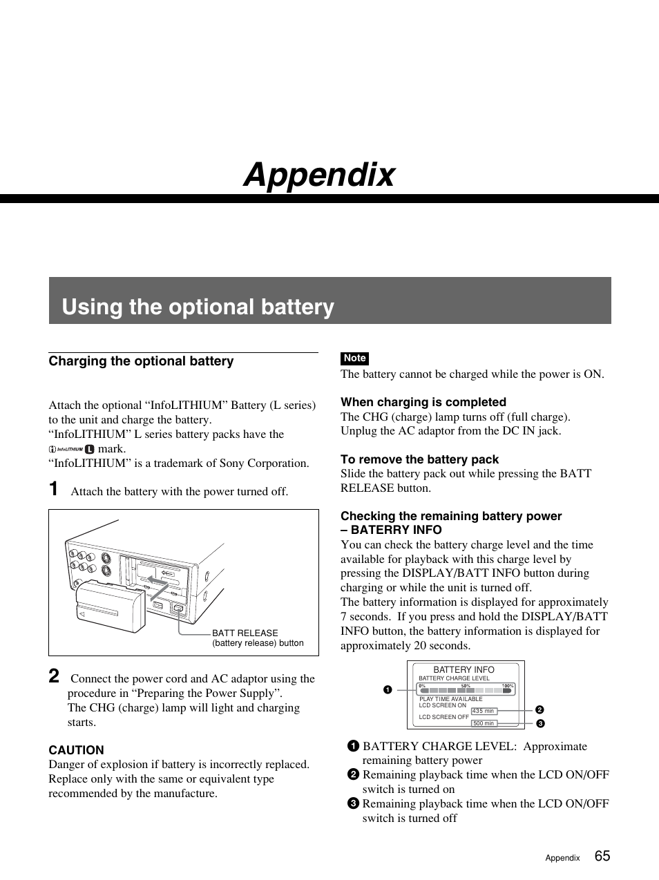 Appendix, Appendix using the optional battery, Using the optional battery | Sony 1080i User Manual | Page 65 / 76