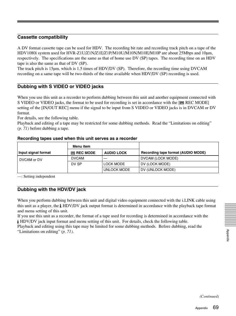 Cassette compatibility, Dubbing with s video or video jacks, Dubbing with the hdv/dv jack | Sony 1080i User Manual | Page 69 / 76