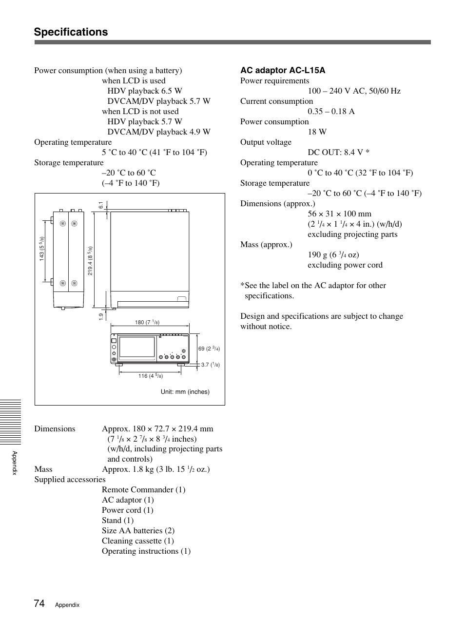 Specifications | Sony 1080i User Manual | Page 74 / 76