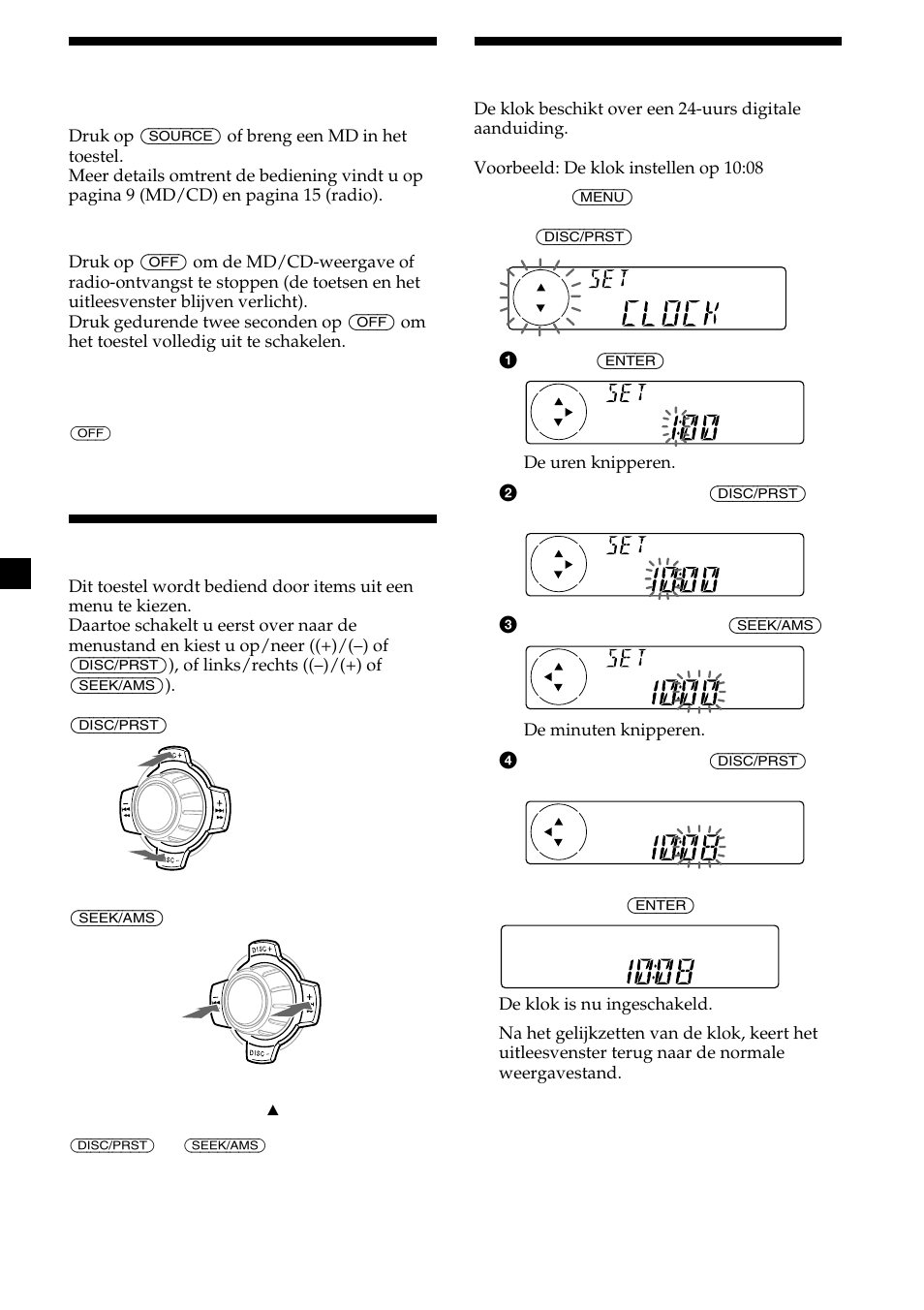 8het toestel aan-/uitschakelen, Gebruik van het menu, De klok instellen | Sony MDX-CA580 User Manual | Page 128 / 152