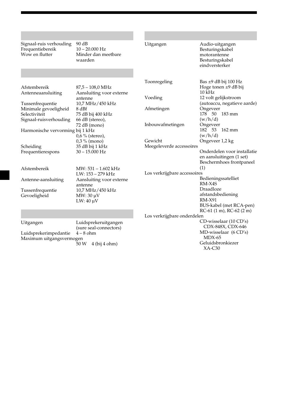 28 specificaties, Md-speler, Radio | Versterker, Algemeen | Sony MDX-CA580 User Manual | Page 148 / 152