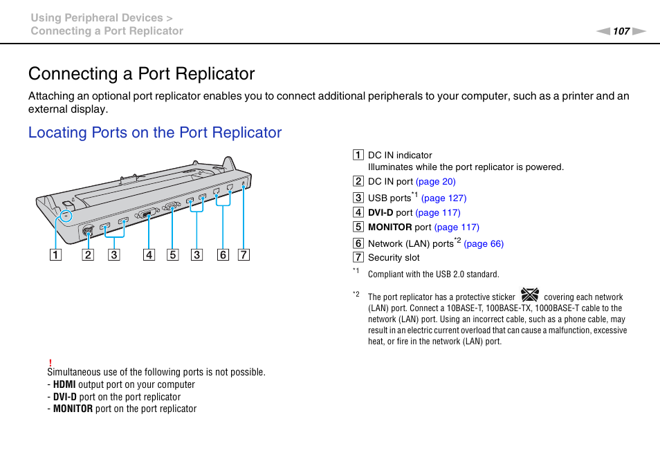 Connecting a port replicator, Locating ports on the port replicator | Sony VPCZ13 User Manual | Page 107 / 217