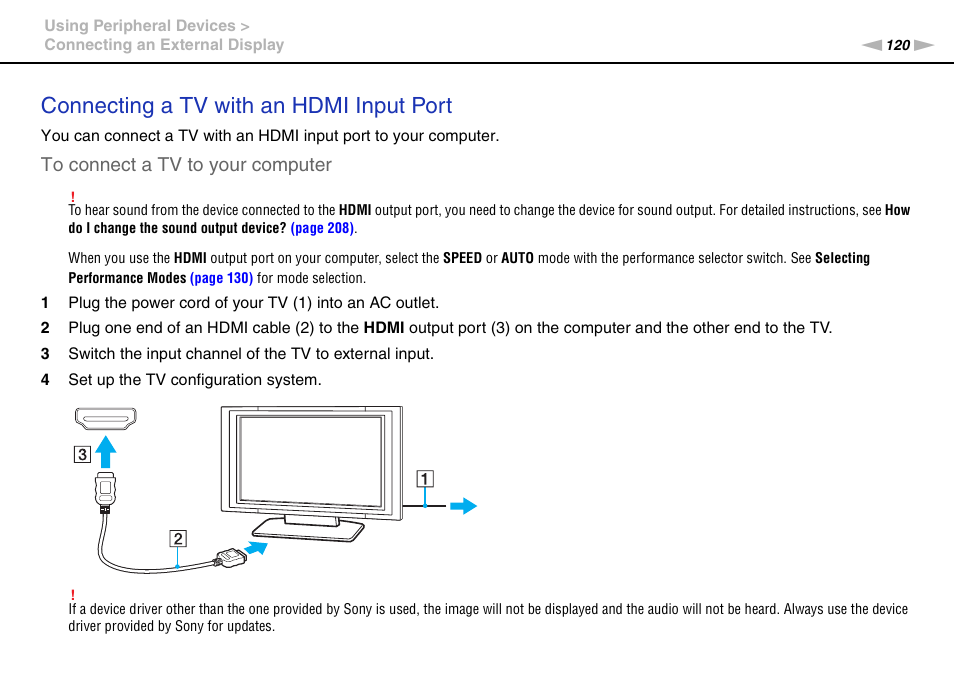 Connecting a tv with an hdmi input port | Sony VPCZ13 User Manual | Page 120 / 217