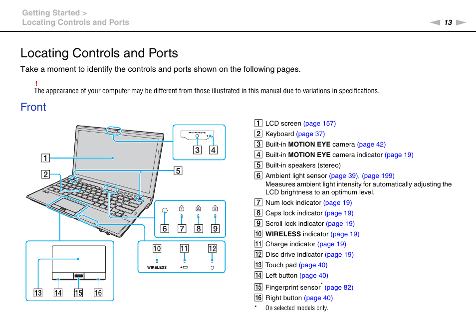 Locating controls and ports, Front | Sony VPCZ13 User Manual | Page 13 / 217