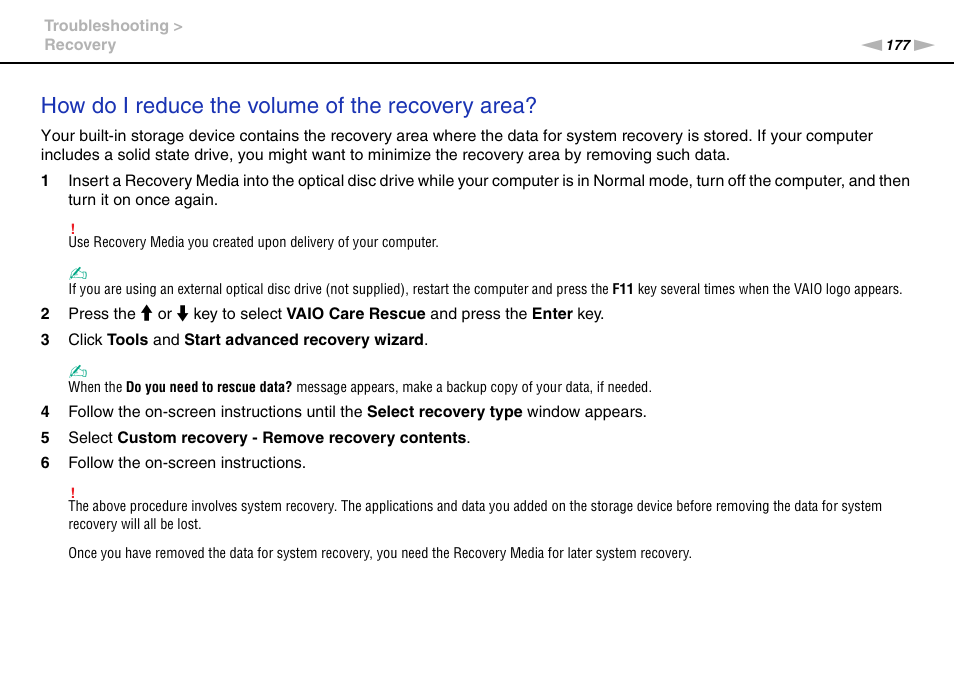 How do i reduce the volume of the recovery area | Sony VPCZ13 User Manual | Page 177 / 217