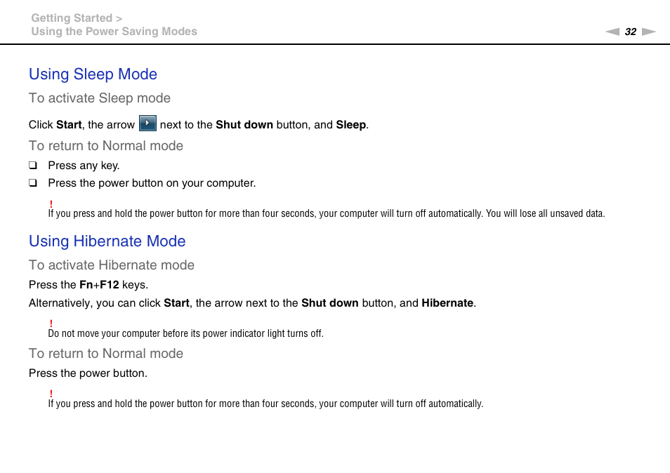 Using sleep mode, Using hibernate mode | Sony VPCZ13 User Manual | Page 32 / 217