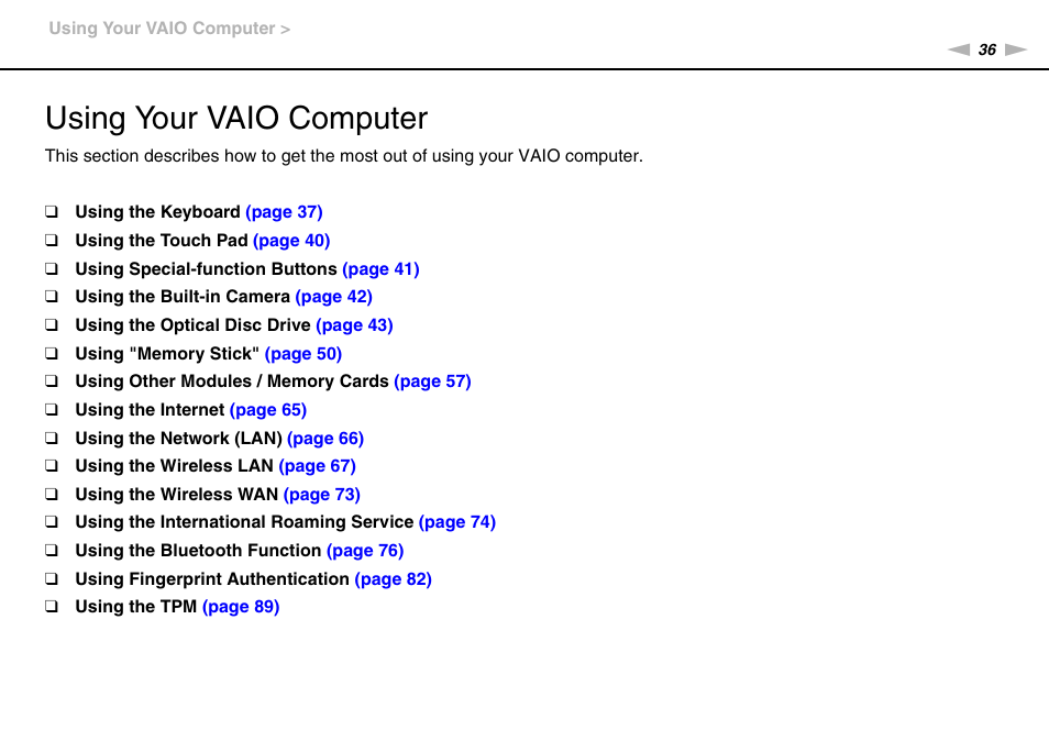 Using your vaio computer | Sony VPCZ13 User Manual | Page 36 / 217
