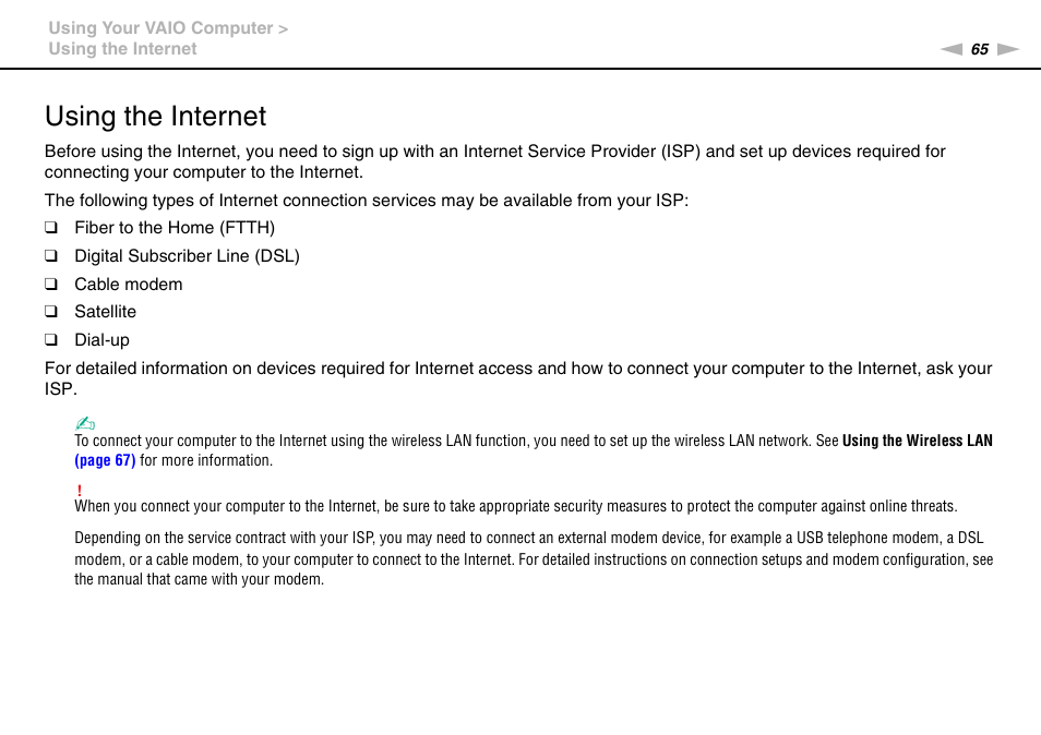 Using the internet | Sony VPCZ13 User Manual | Page 65 / 217