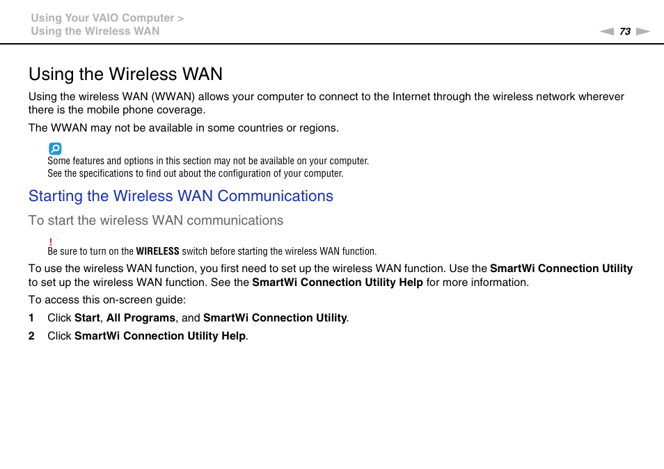 Using the wireless wan, Starting the wireless wan communications | Sony VPCZ13 User Manual | Page 73 / 217