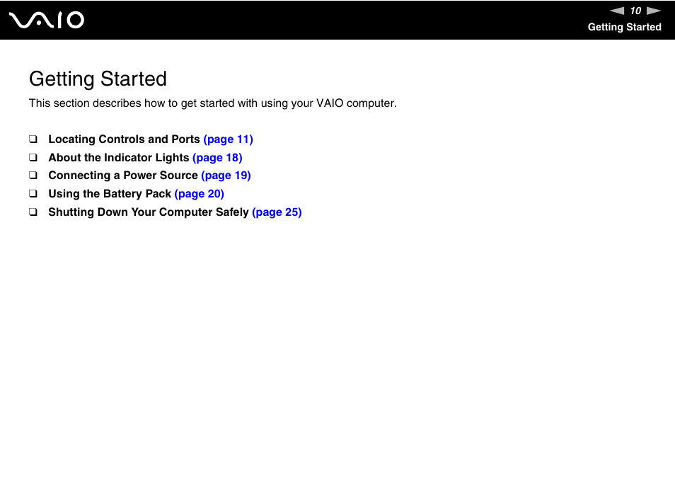 Getting started | Sony VGN-FJ100 User Manual | Page 10 / 170
