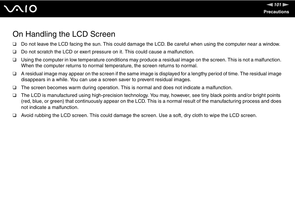 On handling the lcd screen | Sony VGN-FJ100 User Manual | Page 101 / 170