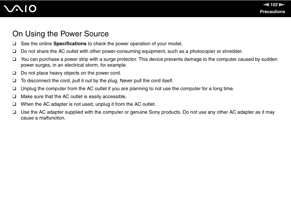 On using the power source | Sony VGN-FJ100 User Manual | Page 102 / 170