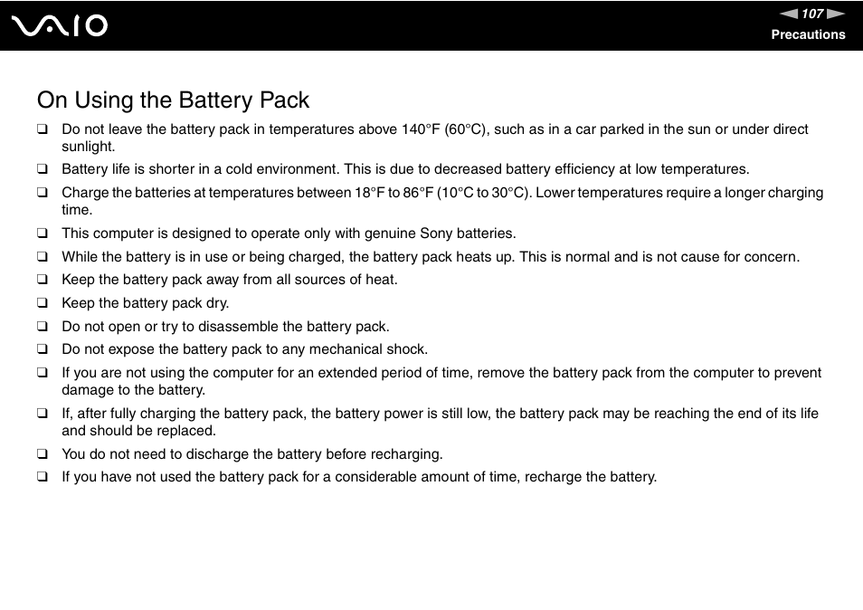 On using the battery pack | Sony VGN-FJ100 User Manual | Page 107 / 170