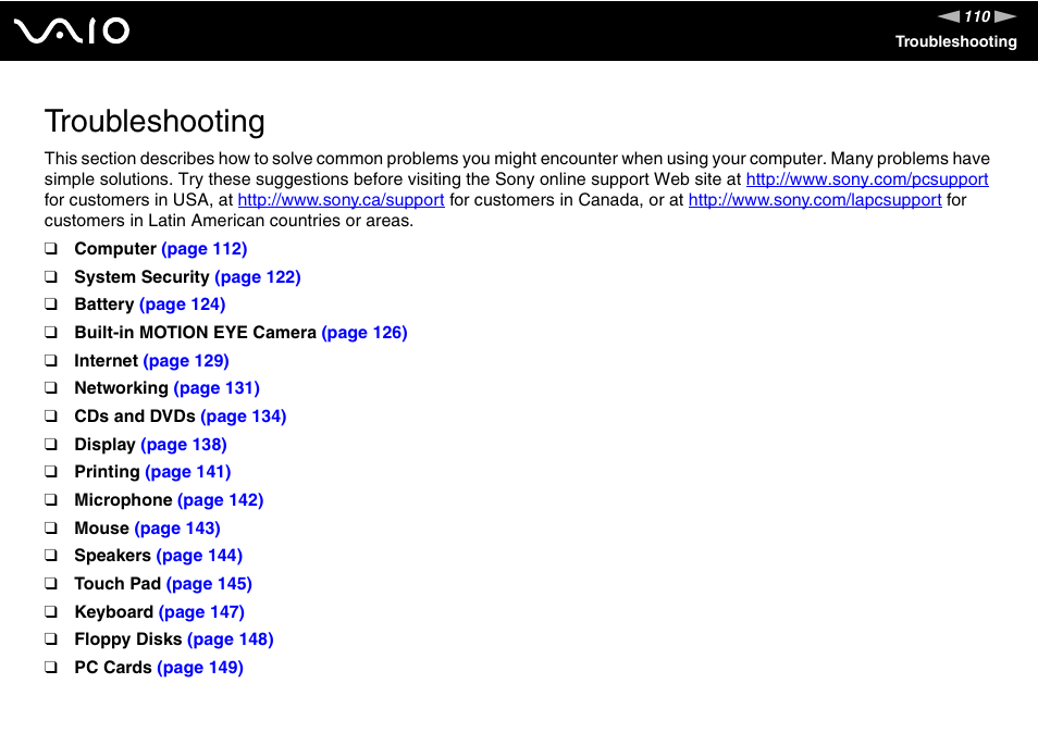 Troubleshooting | Sony VGN-FJ100 User Manual | Page 110 / 170