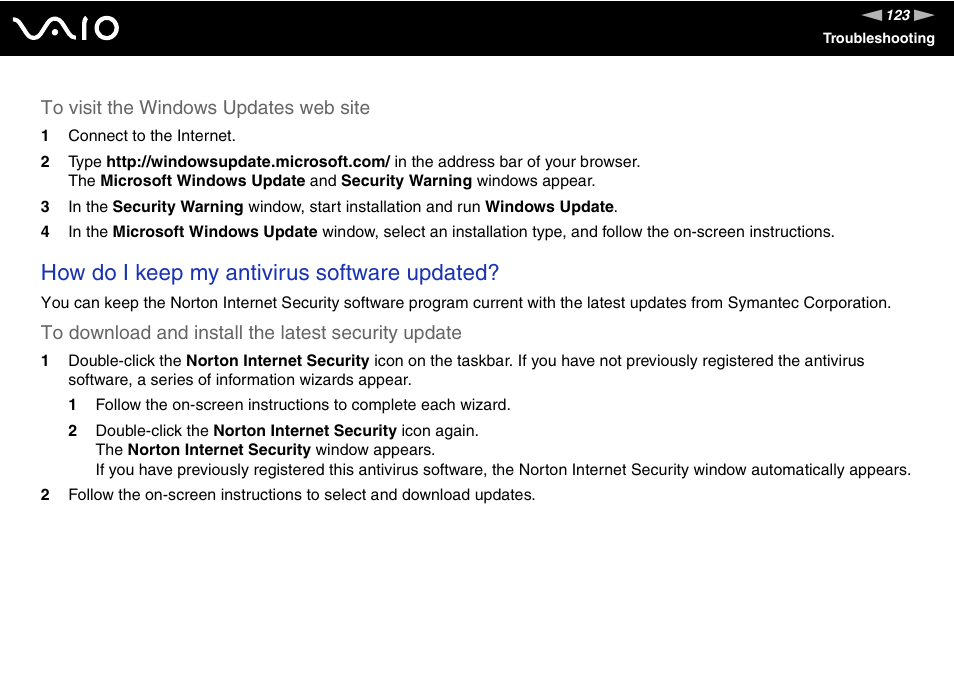 How do i keep my antivirus software updated | Sony VGN-FJ100 User Manual | Page 123 / 170