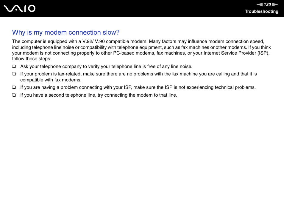 Why is my modem connection slow | Sony VGN-FJ100 User Manual | Page 130 / 170