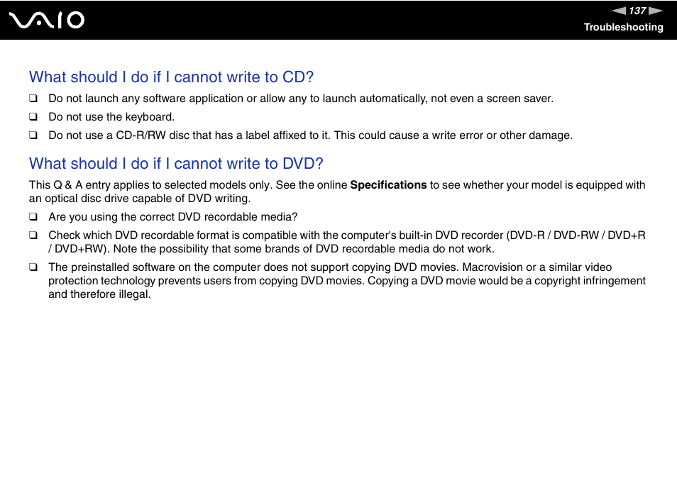 What should i do if i cannot write to cd, What should i do if i cannot write to dvd | Sony VGN-FJ100 User Manual | Page 137 / 170