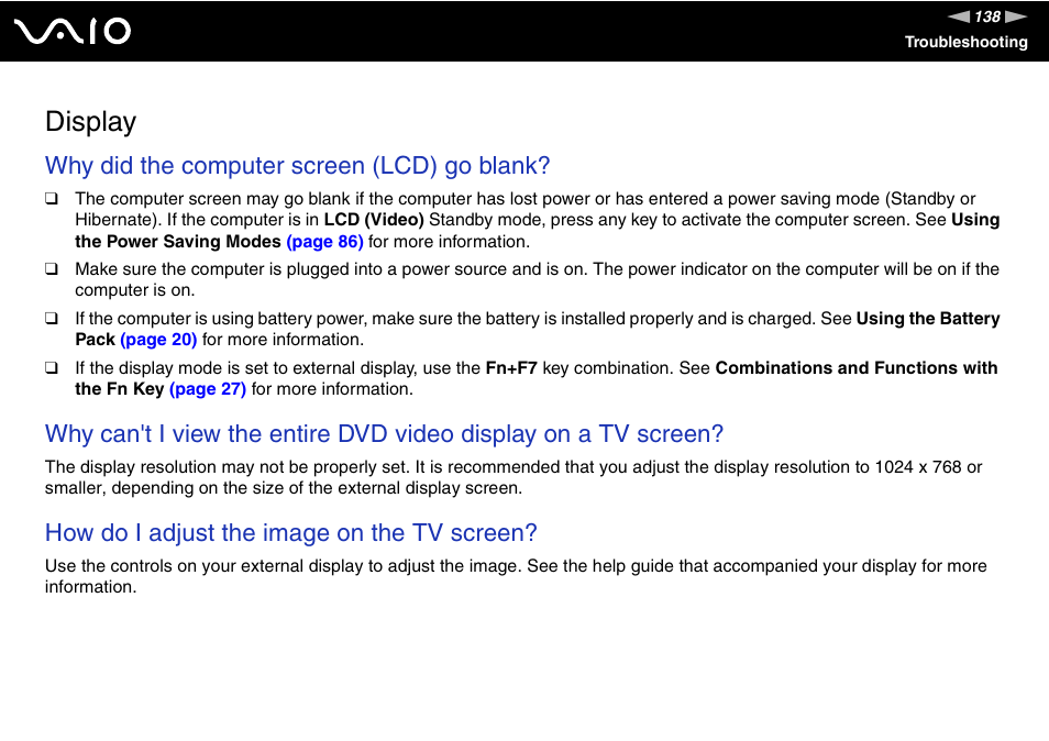 Display, Why did the computer screen (lcd) go blank, How do i adjust the image on the tv screen | Sony VGN-FJ100 User Manual | Page 138 / 170