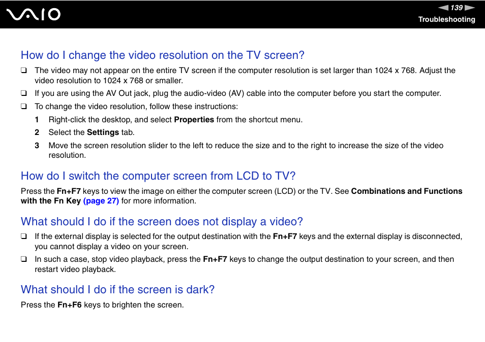 How do i switch the computer screen from lcd to tv, What should i do if the screen is dark | Sony VGN-FJ100 User Manual | Page 139 / 170