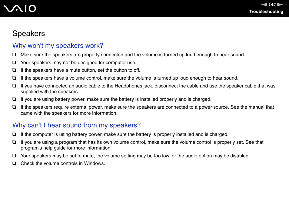 Speakers, Why won't my speakers work, Why can't i hear sound from my speakers | Sony VGN-FJ100 User Manual | Page 144 / 170