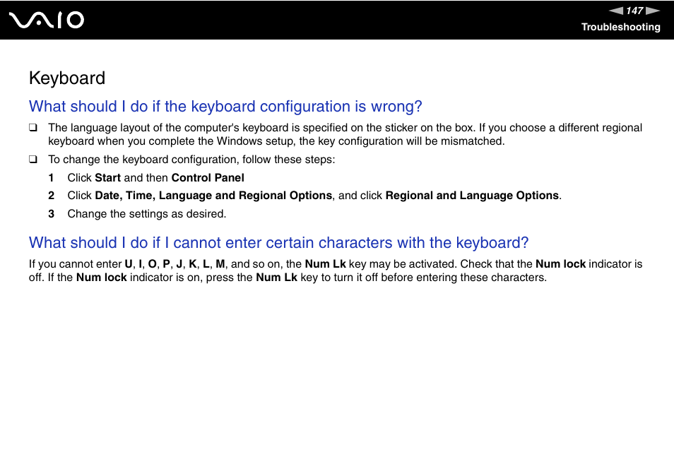 Keyboard | Sony VGN-FJ100 User Manual | Page 147 / 170