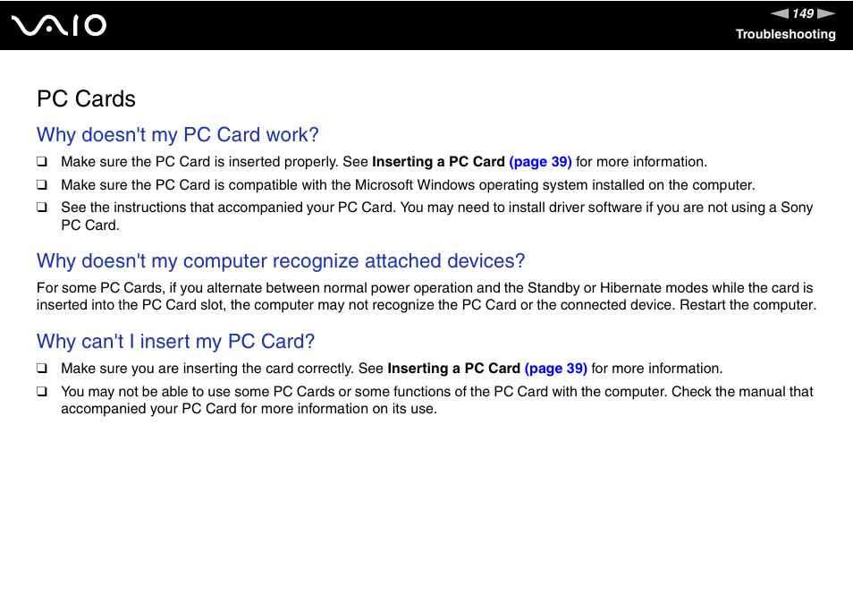 Pc cards, Why doesn't my pc card work, Why doesn't my computer recognize attached devices | Why can't i insert my pc card | Sony VGN-FJ100 User Manual | Page 149 / 170