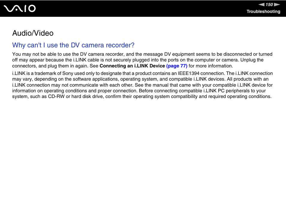 Audio/video, Why can't i use the dv camera recorder | Sony VGN-FJ100 User Manual | Page 150 / 170