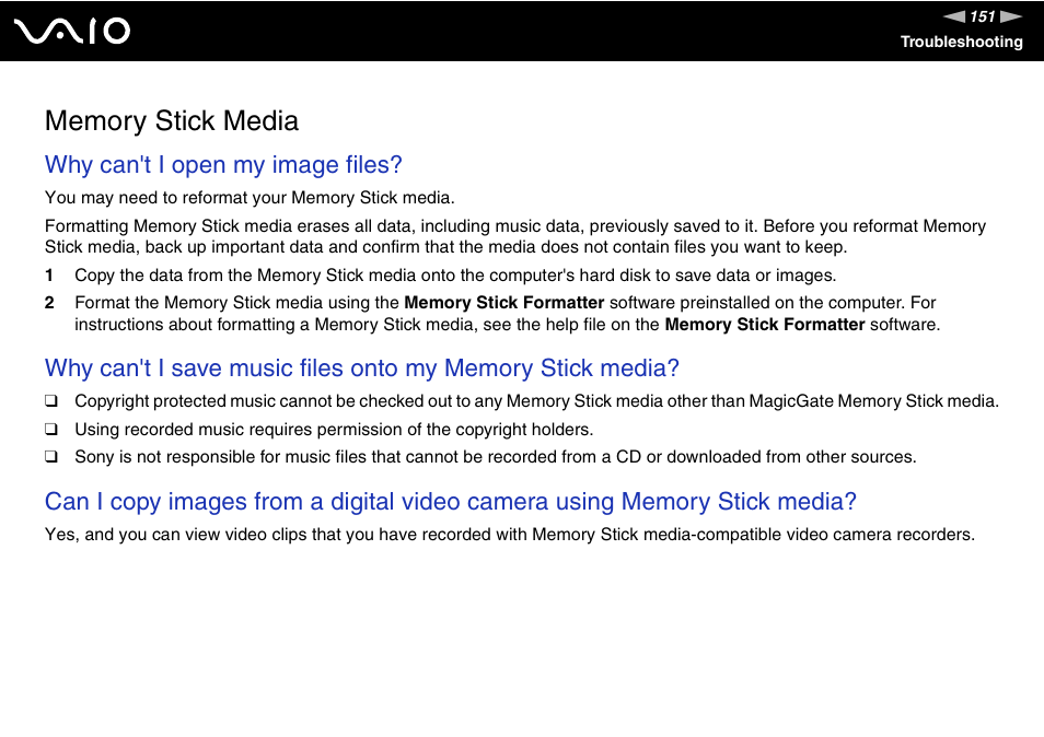 Memory stick media, Why can't i open my image files | Sony VGN-FJ100 User Manual | Page 151 / 170