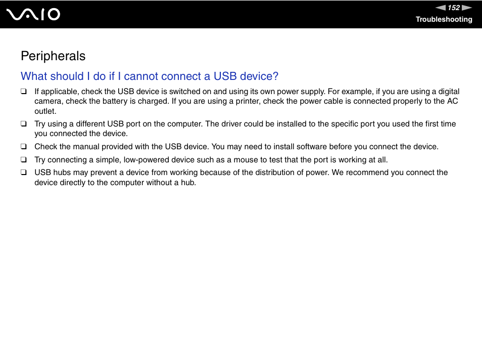 Peripherals, What should i do if i cannot connect a usb device | Sony VGN-FJ100 User Manual | Page 152 / 170
