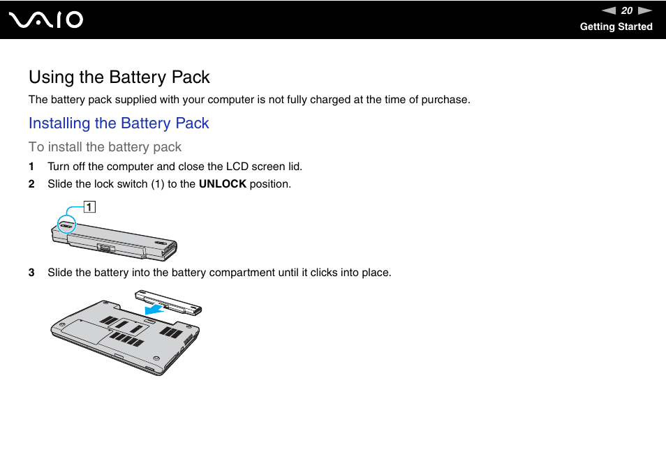 Using the battery pack, Installing the battery pack | Sony VGN-FJ100 User Manual | Page 20 / 170