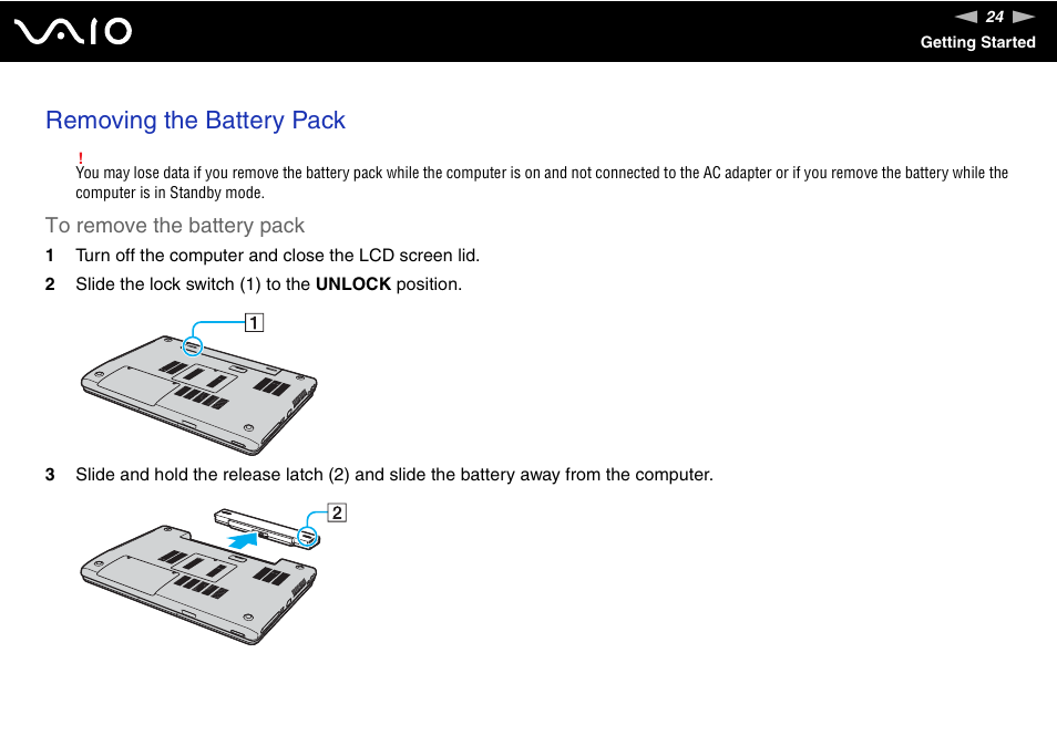 Removing the battery pack | Sony VGN-FJ100 User Manual | Page 24 / 170
