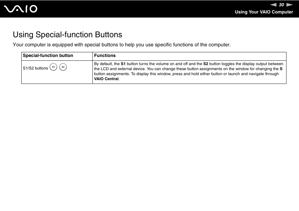 Using special-function buttons | Sony VGN-FJ100 User Manual | Page 30 / 170