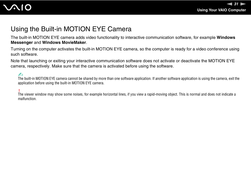 Using the built-in motion eye camera | Sony VGN-FJ100 User Manual | Page 31 / 170