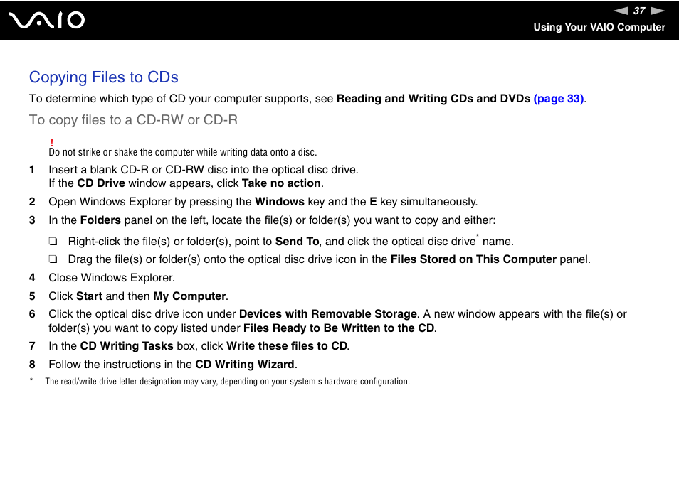 Copying files to cds | Sony VGN-FJ100 User Manual | Page 37 / 170