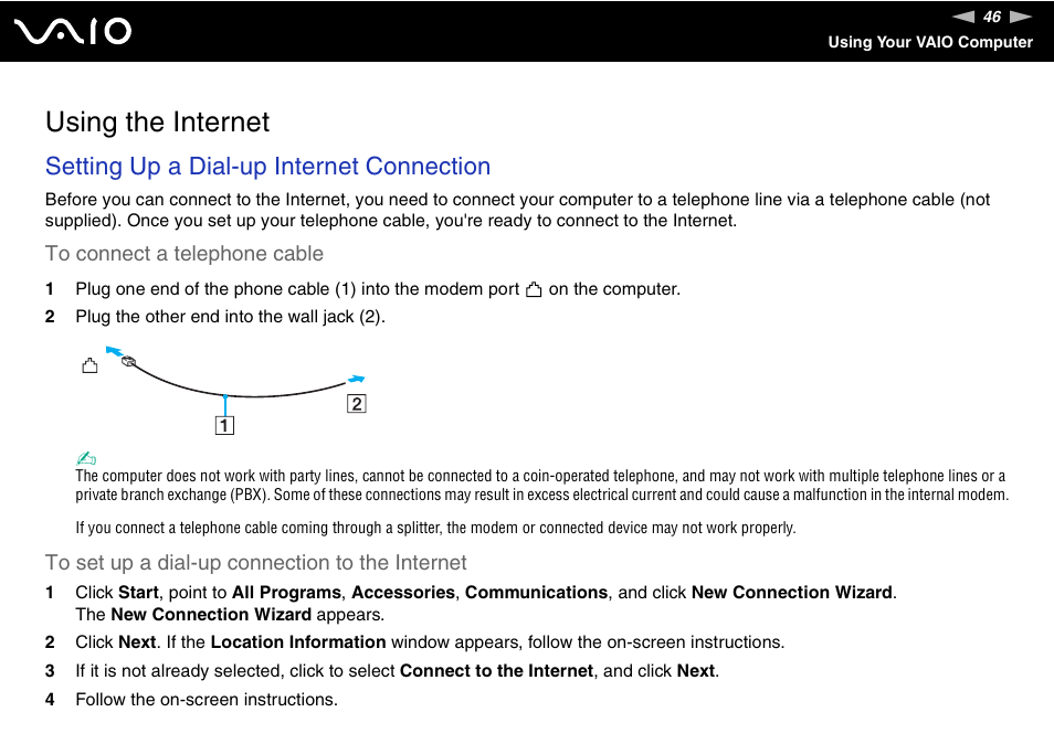 Using the internet, Setting up a dial-up internet connection | Sony VGN-FJ100 User Manual | Page 46 / 170