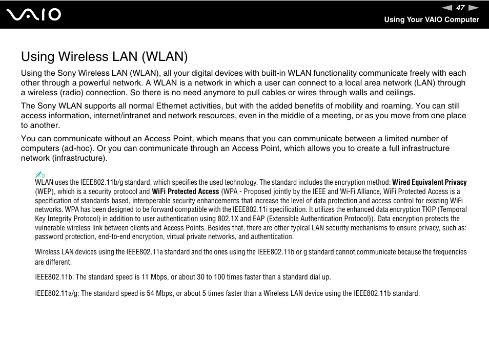 Using wireless lan (wlan) | Sony VGN-FJ100 User Manual | Page 47 / 170