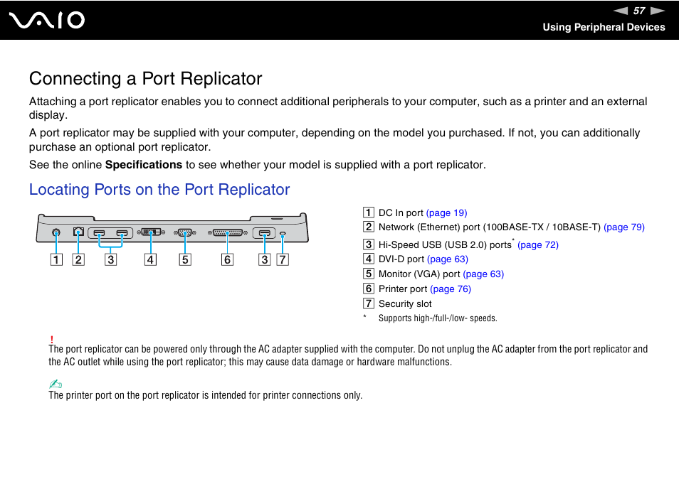 Connecting a port replicator, Locating ports on the port replicator | Sony VGN-FJ100 User Manual | Page 57 / 170