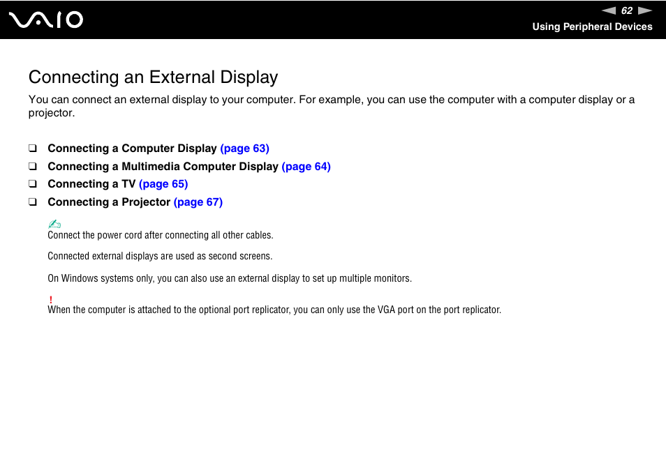 Connecting an external display | Sony VGN-FJ100 User Manual | Page 62 / 170