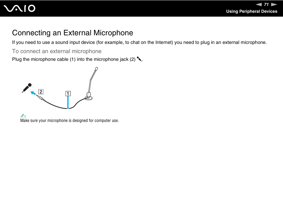 Connecting an external microphone | Sony VGN-FJ100 User Manual | Page 71 / 170