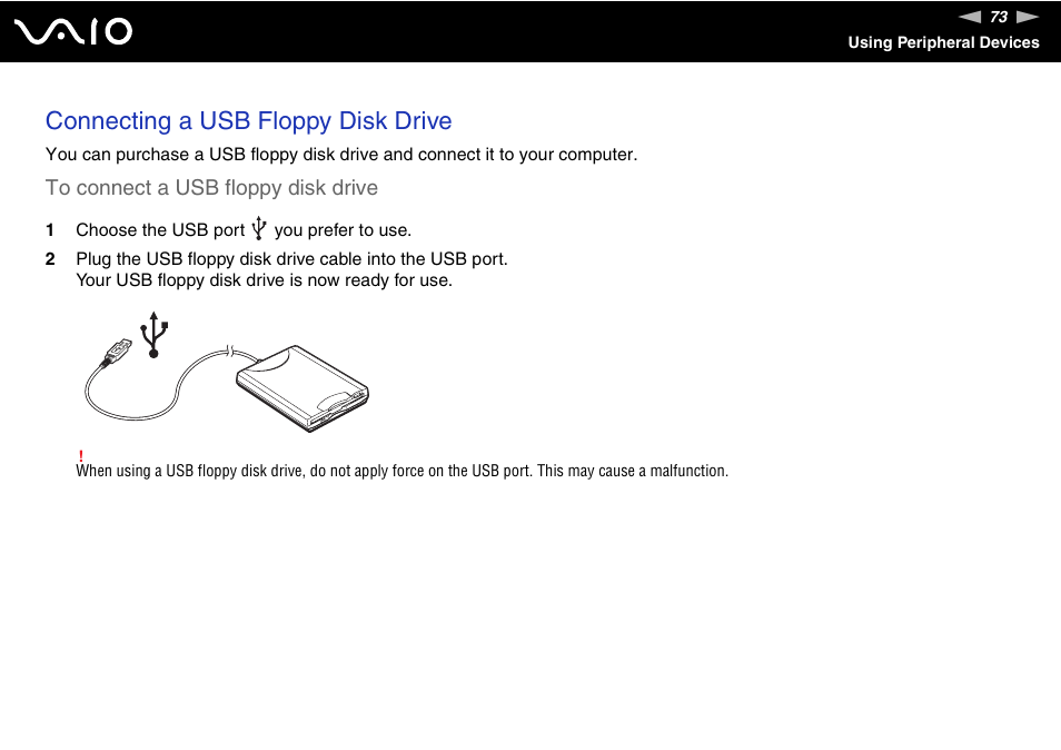 Connecting a usb floppy disk drive | Sony VGN-FJ100 User Manual | Page 73 / 170